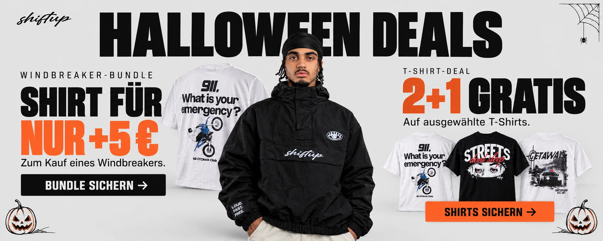 Halloween Deals: Windbreaker-Bundle, Shirt für nur +5 €. T-Shirt-Deal 2+1 gratis.